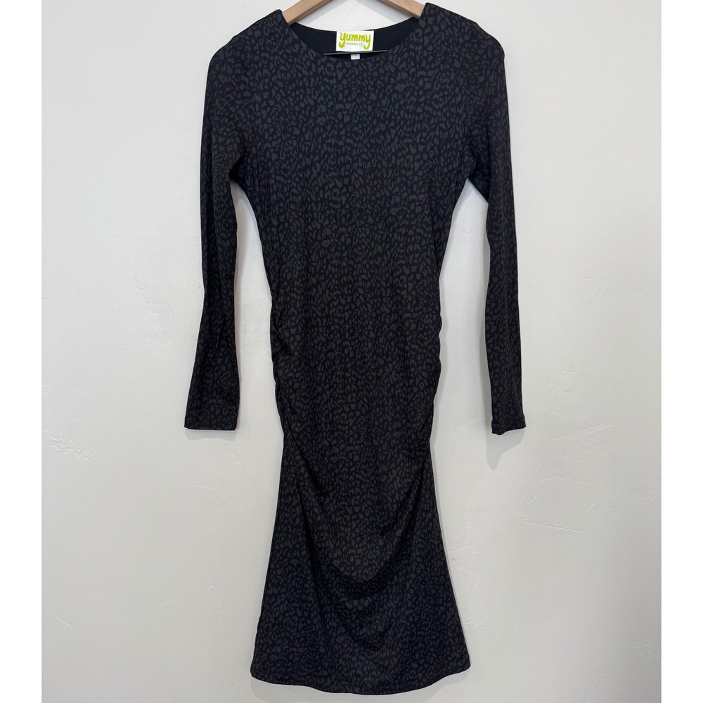 Yummy Sweater Co Maternity Leopard Print Ruched Midi Dress Black Small